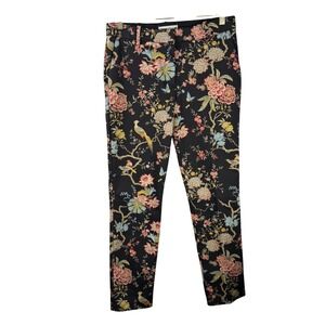 GP & J Baker x H&M Floral Bird Print Slim Pants 8 Black Multicolor Cottagecore